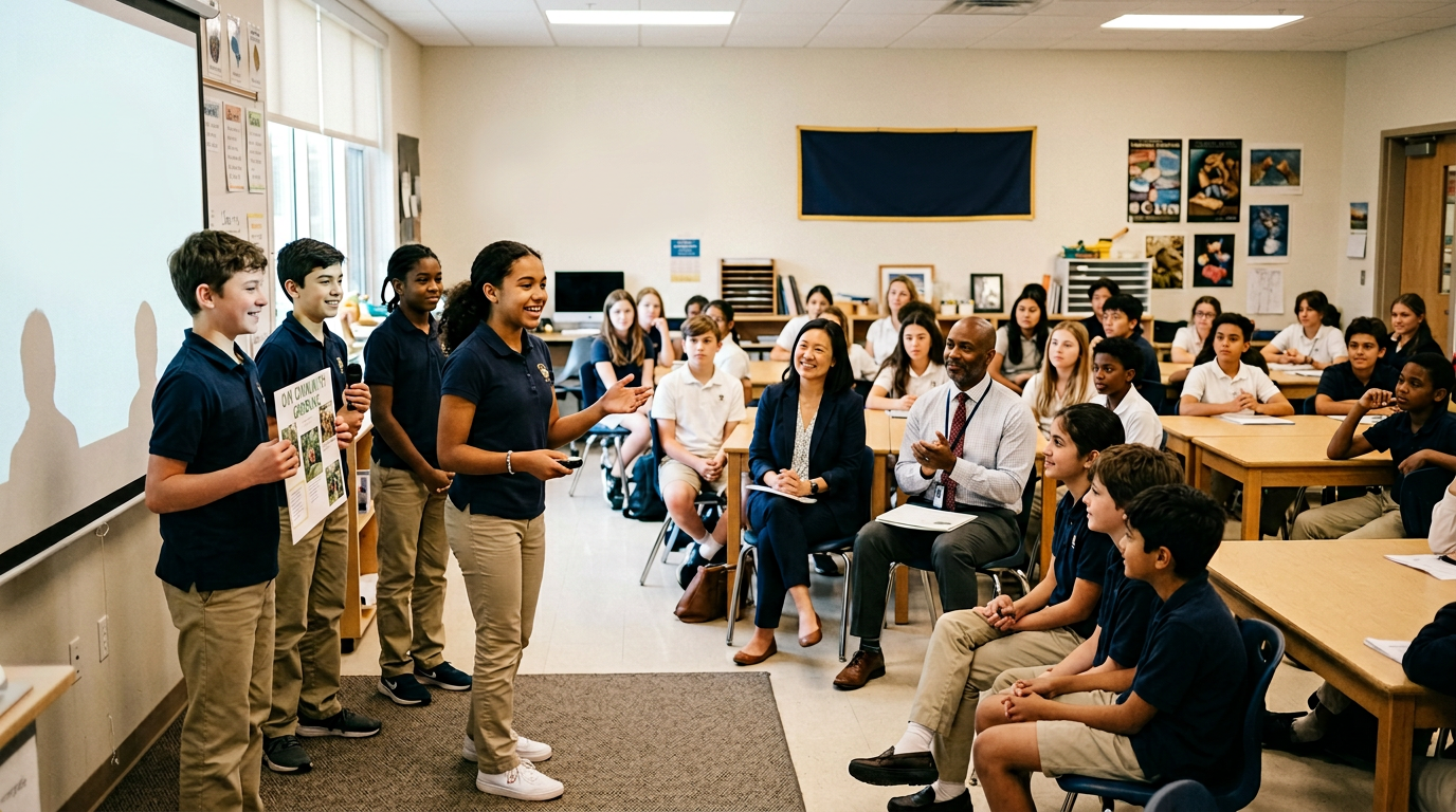 School community news moment in a classroom